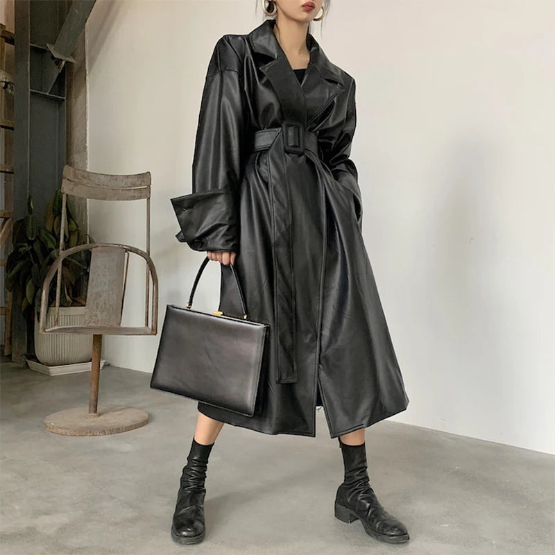 Long oversized vegan leather trench coat for women