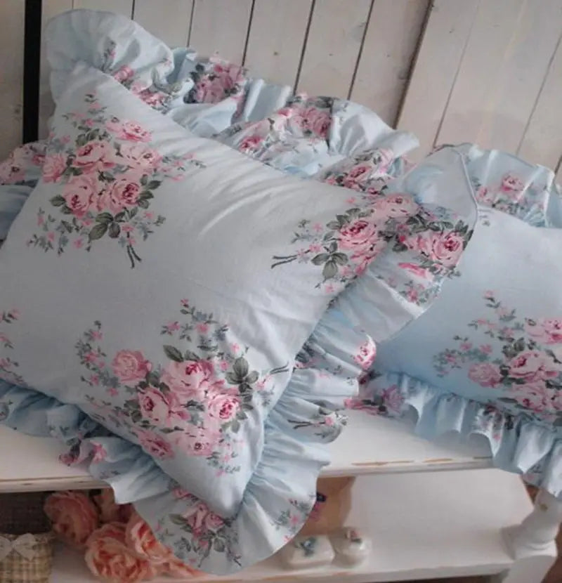 Blue Floral Elegant Ruffle Pillow Covers