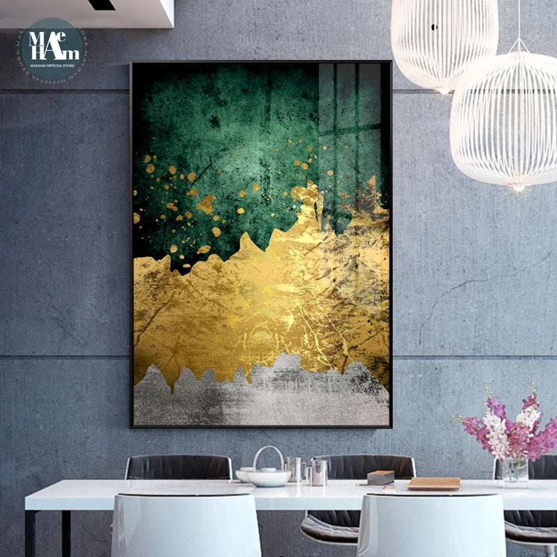 Modern Golden Canvas Painting Print Abstract Emerald gold foil