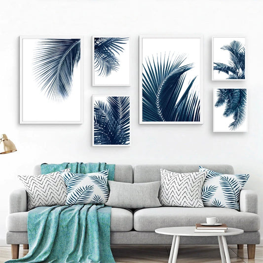 Navy Blue Palm Leaves Wall Art Canvas Painting Nordic Posters and Prints