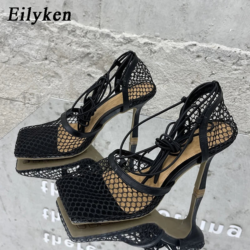 Mesh High Heel Lace Up Cross-Tied Stiletto Shoes