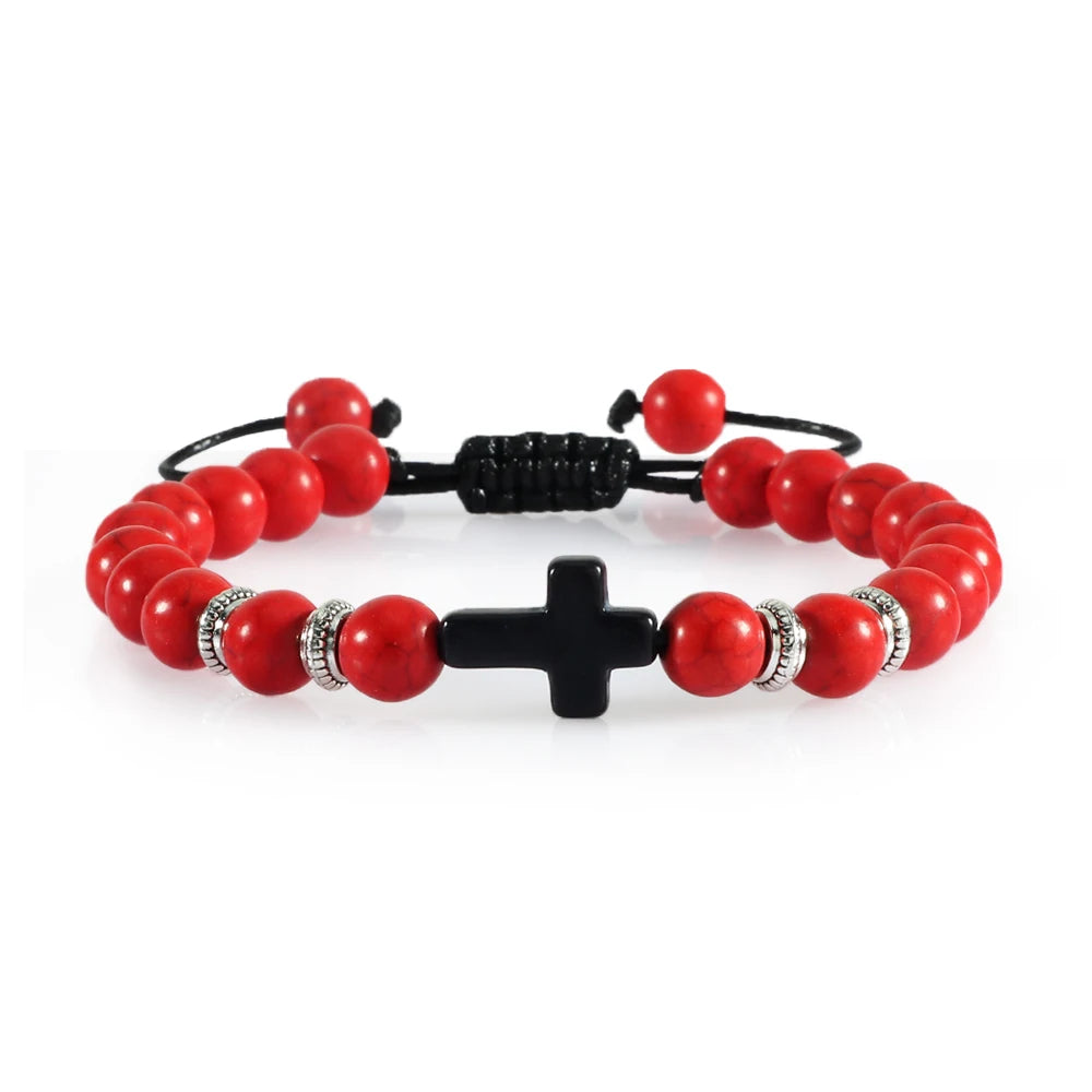 Men/Women 8MM Natural Stone  Cross Hematite Bead Christian Bracelets