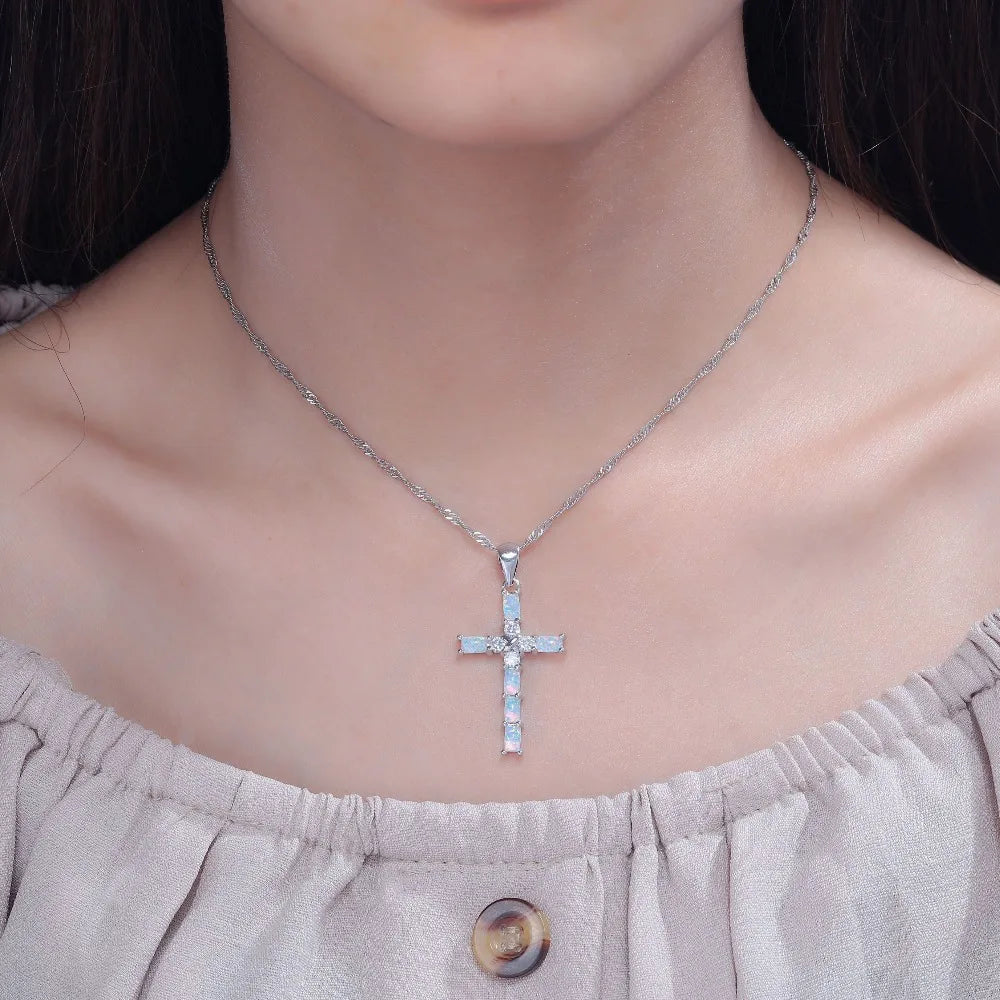 Opal Christian  Cross Necklace Pendant