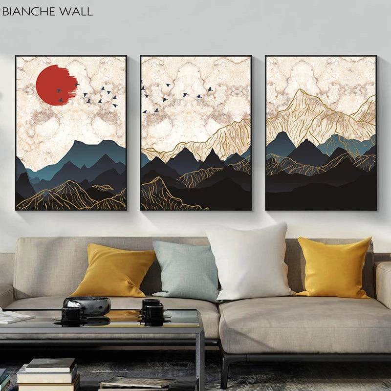 Sunset Dusk Line Mountain Abstract Landscape Canvas Painting Print