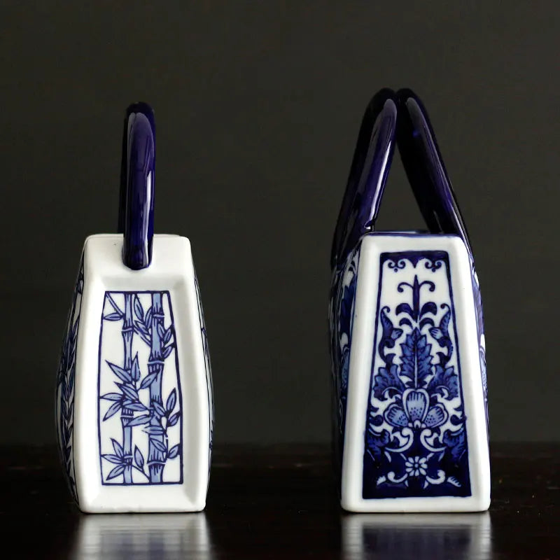 Chinese-style Blue And White Ceramic Handbag Shape Vase