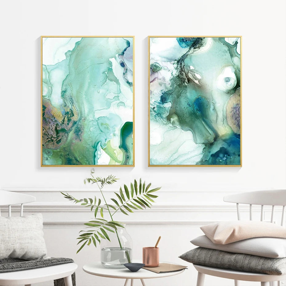 Abstract Mint Green Marble Liquid Canvas Painting Prints