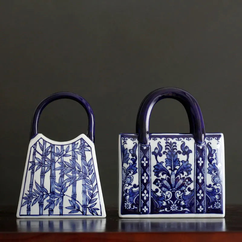 Chinese-style Blue And White Ceramic Handbag Shape Vase