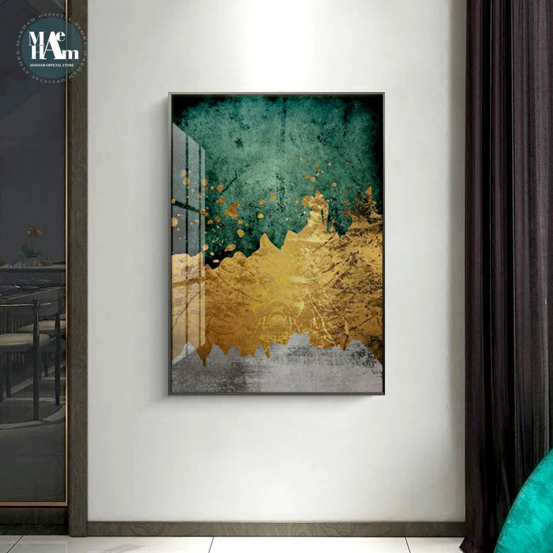 Modern Golden Canvas Painting Print Abstract Emerald gold foil