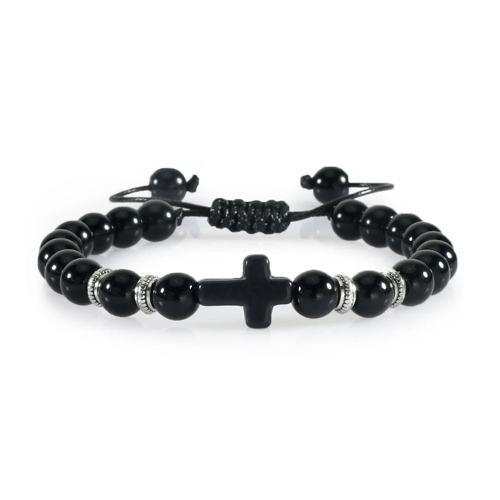 Men/Women 8MM Natural Stone  Cross Hematite Bead Christian Bracelets