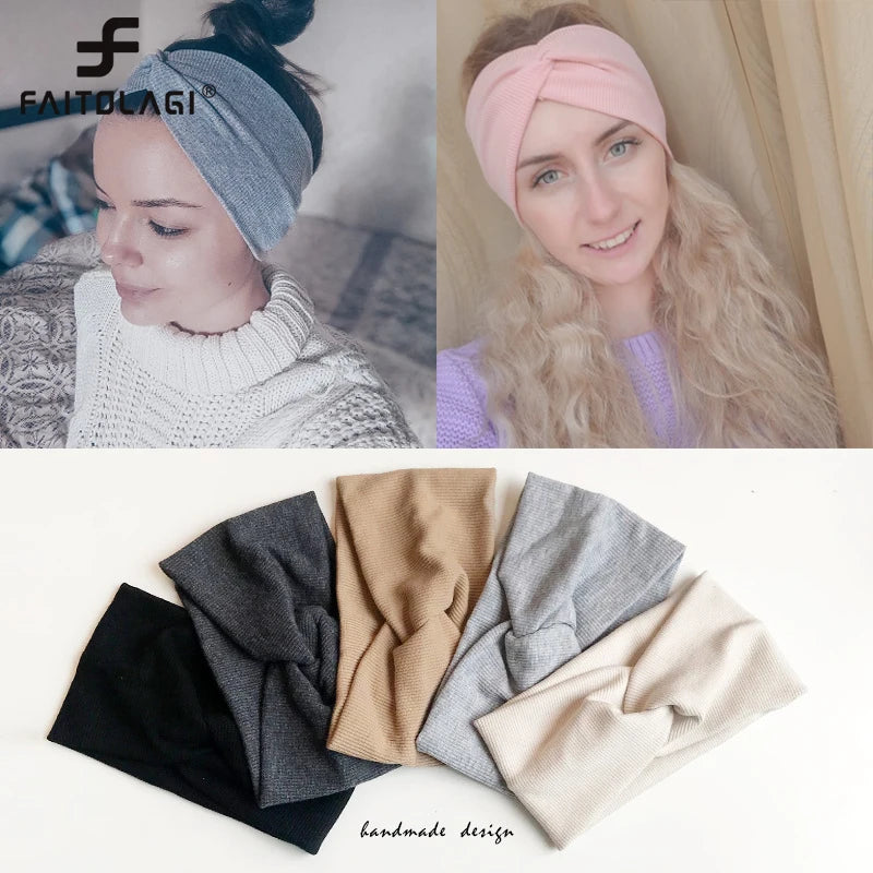 Solid Color Wide Turban Cross Knot Cotton Twisted Headwrap