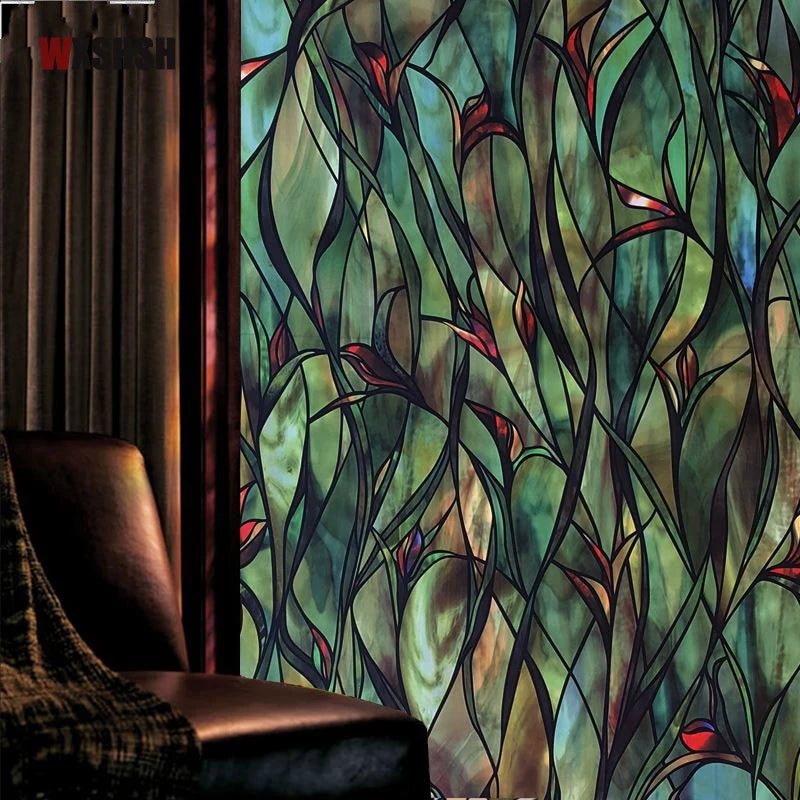 Green leafy Flower Window Film Stained Glass Adhesive Film