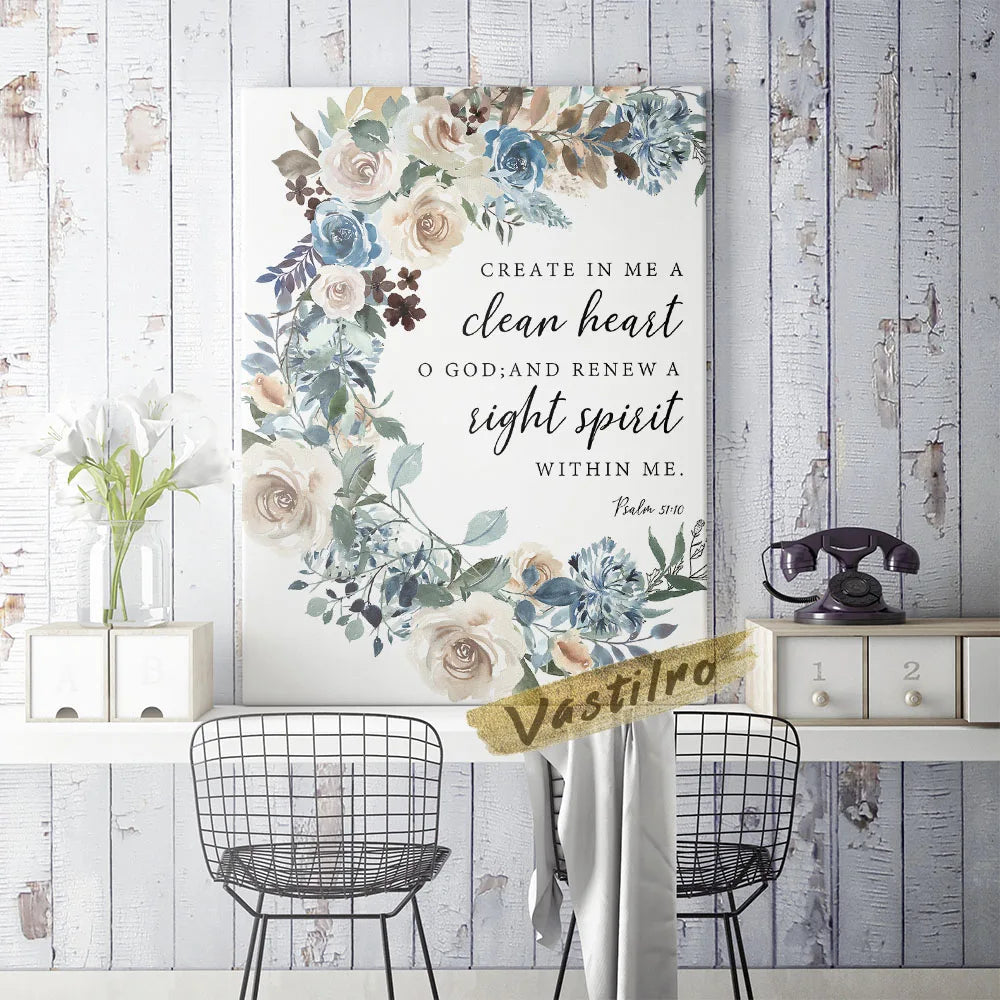 Psalm Clean Heart Bible Verse Wall Art Floral Print Scripture