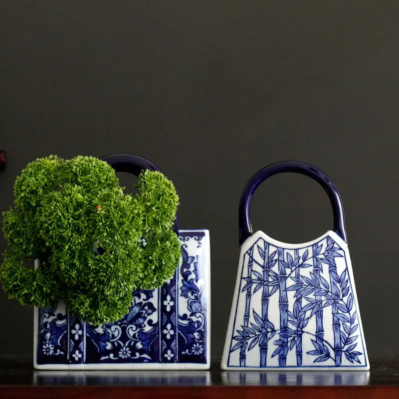 Chinese-style Blue And White Ceramic Handbag Shape Vase