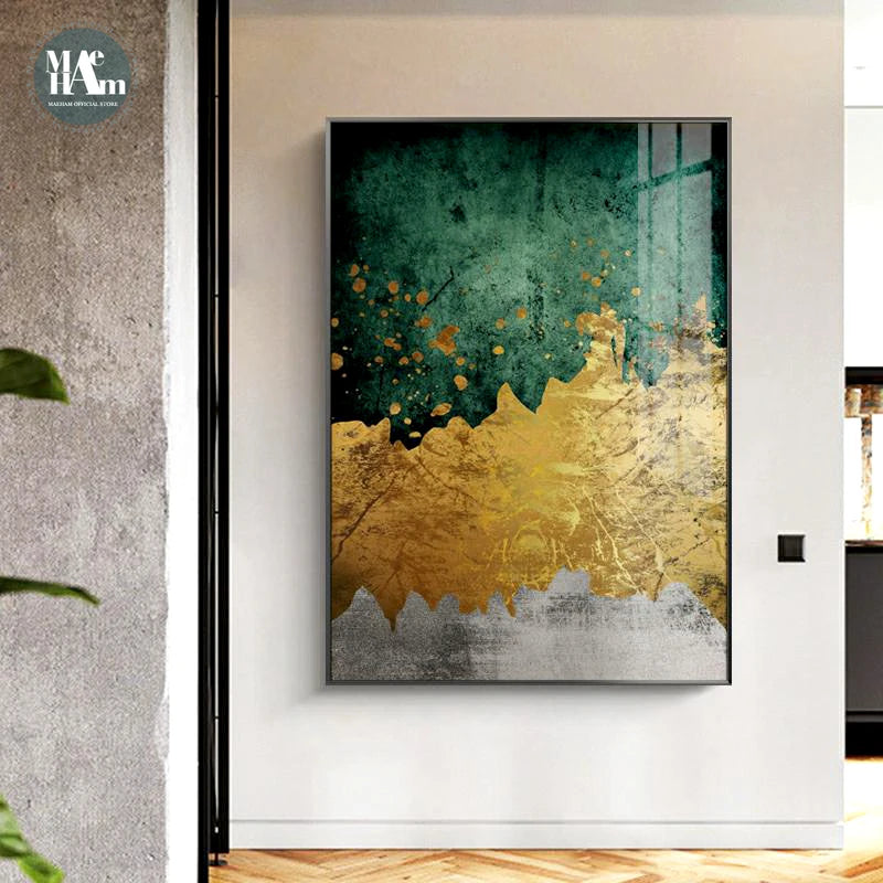 Modern Golden Canvas Painting Print Abstract Emerald gold foil