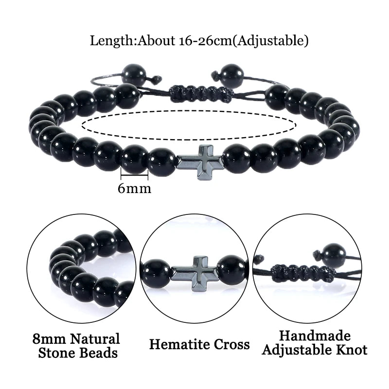 Natural Stone Hematite Beads Cross Christian Bracelet