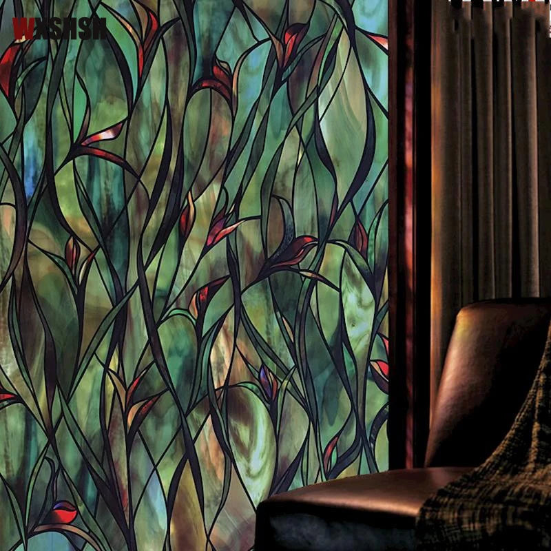 Green leafy Flower Window Film Stained Glass Adhesive Film