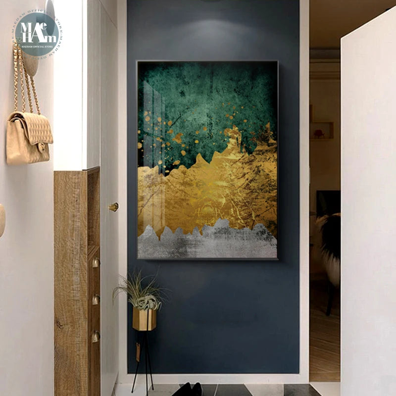 Modern Golden Canvas Painting Print Abstract Emerald gold foil