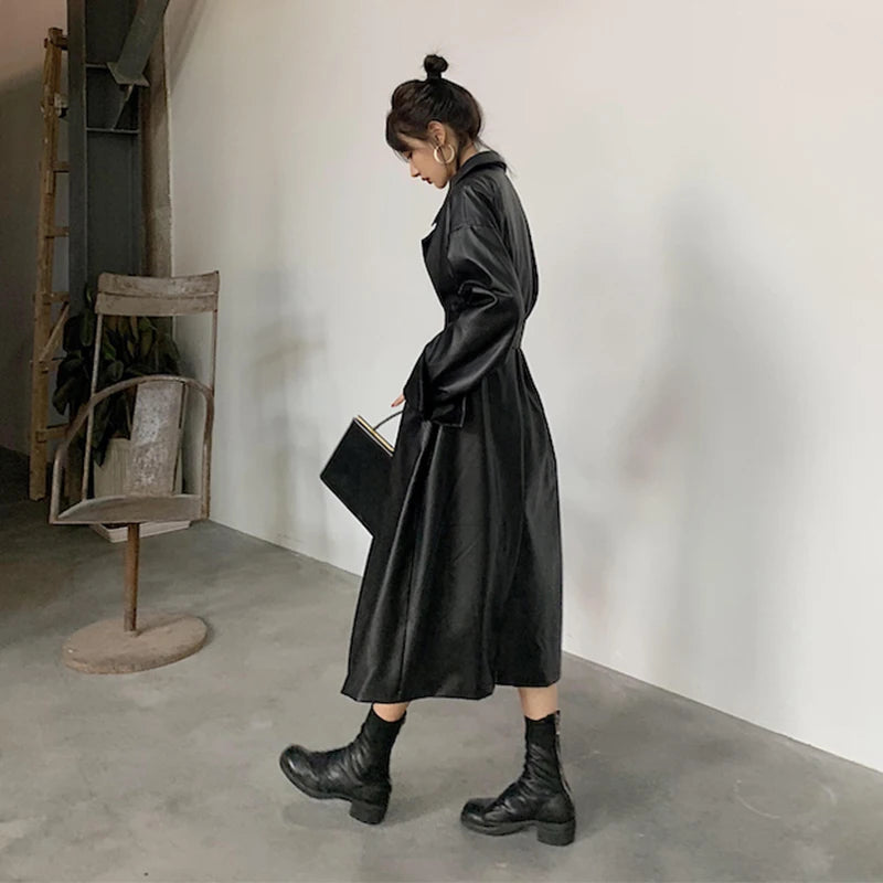 Long oversized vegan leather trench coat for women