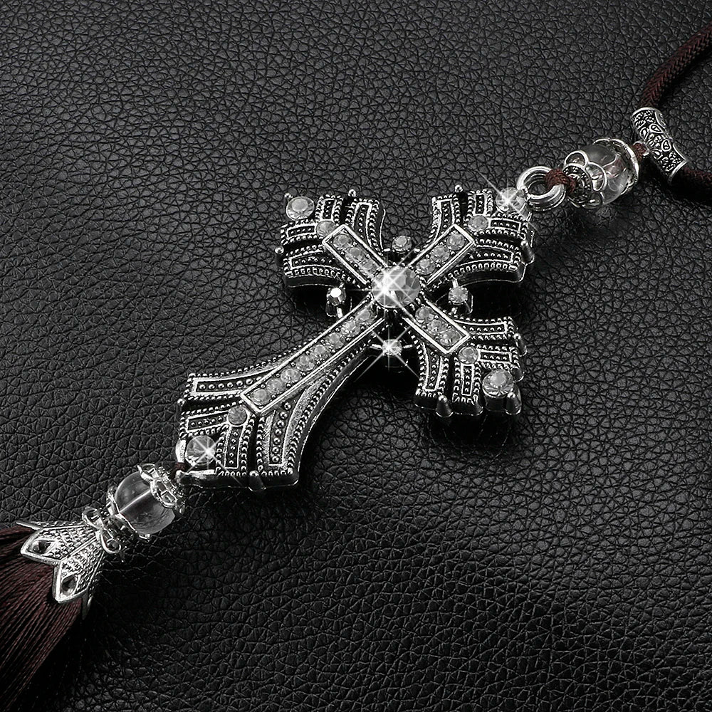 Metal And Crystal Rhinestone Cross Christian Car Rear View Mirror Decoration