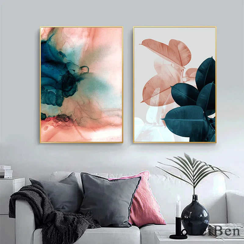 Nordic Pink Flower Canvas Painting Abstract Picture