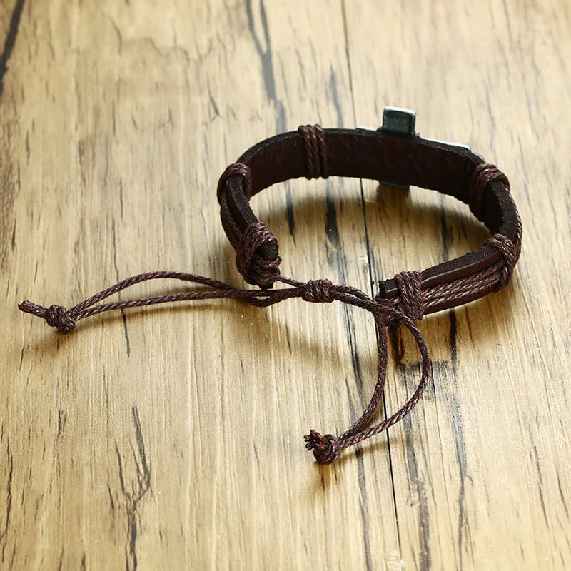 Unisex Ancient Cross Brown Vintage Leather Bracelet