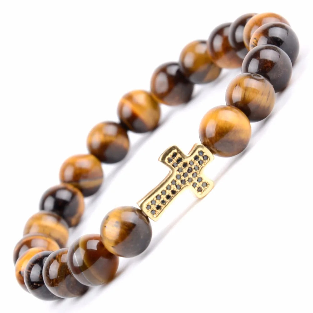 Natural Stone Christian Bracelet Men Tiger Eye Beads