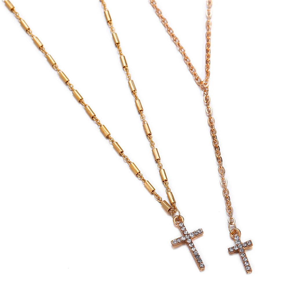 Gold Color Crystal Cross Christian Necklace