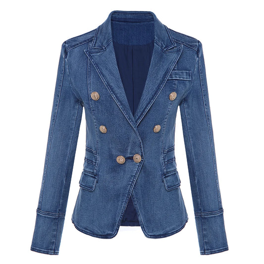 Designer Women's Double Breasted Denim Blazer Metal Lion Buttons