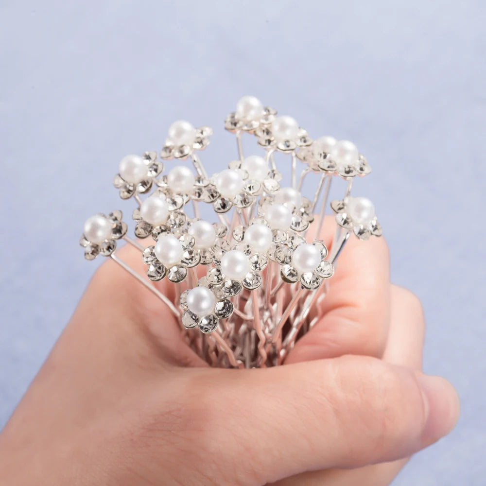 20Pcs Fashion Pearl Flower Clear Crystal Rhinestone Hair Pins