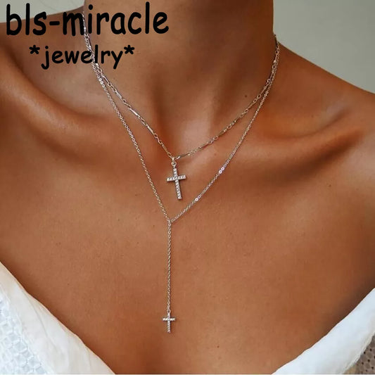 Gold Color Crystal Cross Christian Necklace