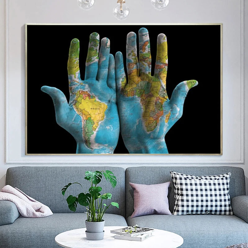 World Map on Hands Canvas Print