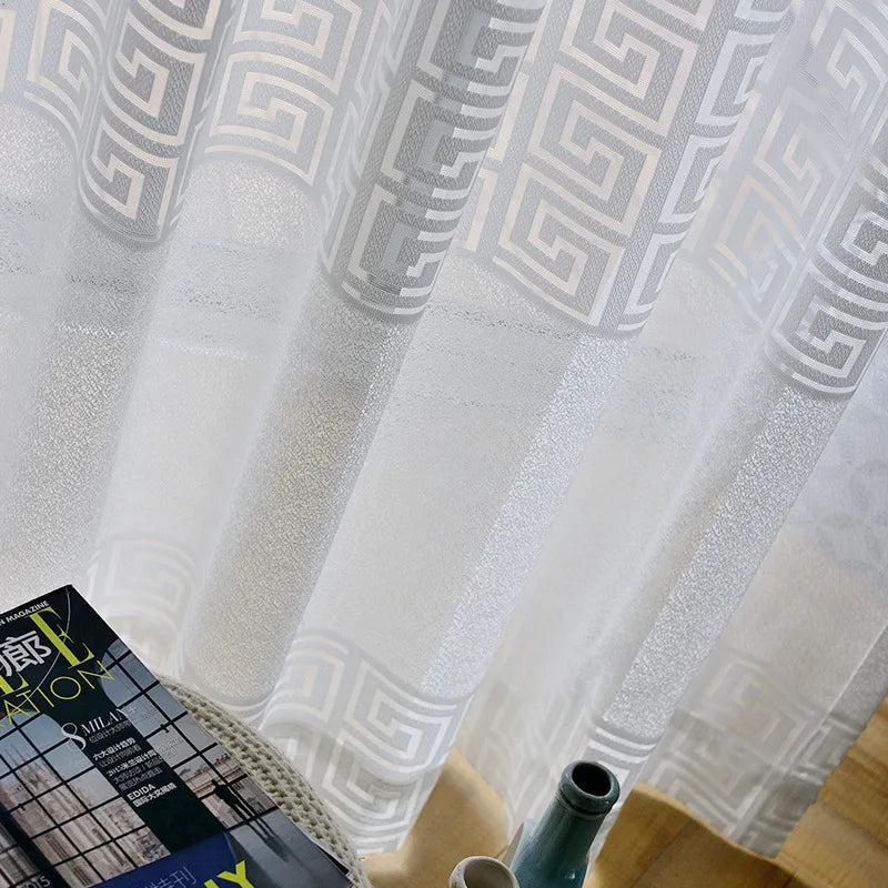 White Geometric Window Tulle Curtains