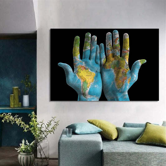 World Map on Hands Canvas Print