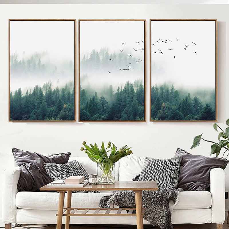 Nordic Fog Forest Birds Landscape Canvas Painting Print, 3pcs/lot