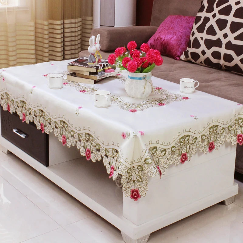 Embroidered Lace White Red Floral Table Cloth