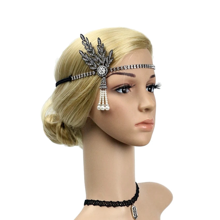 Art Deco Women 1920s Vintage Headpiece Leaf Medallion Pearl Headband