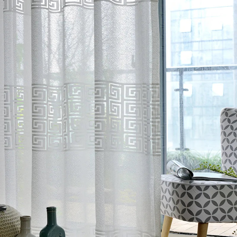 White Geometric Window Tulle Curtains