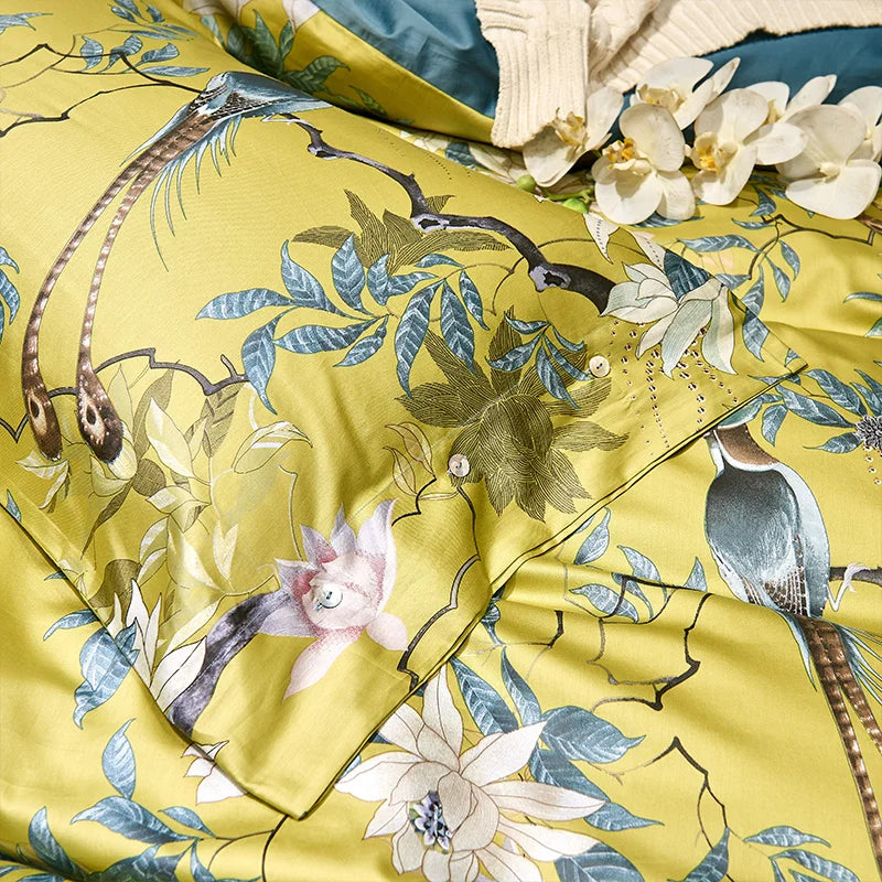 Silky Egyptian cotton Yellow Chinoiserie style Duvet Cover Bedding Set