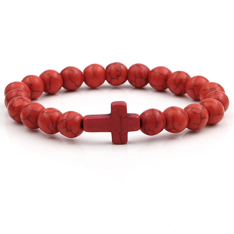 Handmade Natural Stone Cross Bracelet Christian Jewelry, 13 Colors