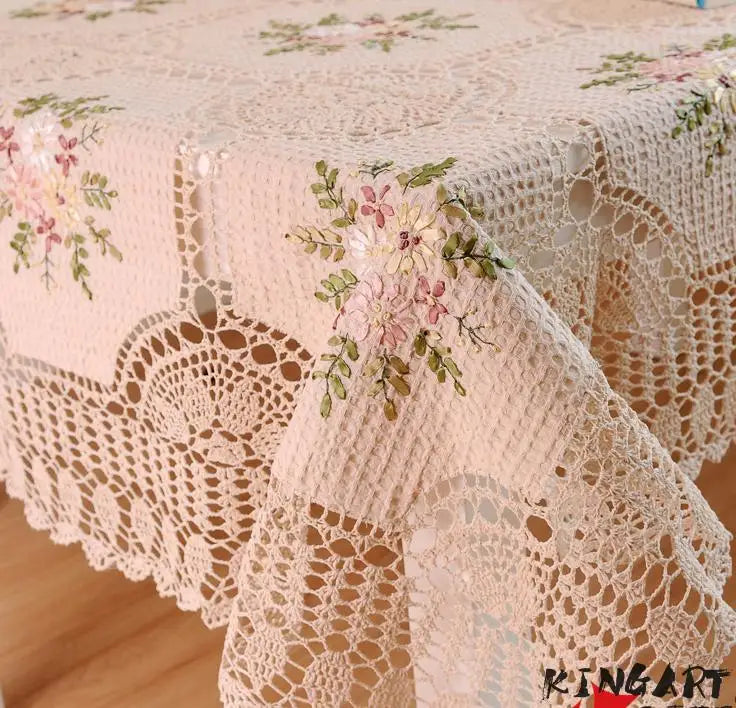 Luxury Embroidered Flower Crochet Tablecloth  Round  Rectangular