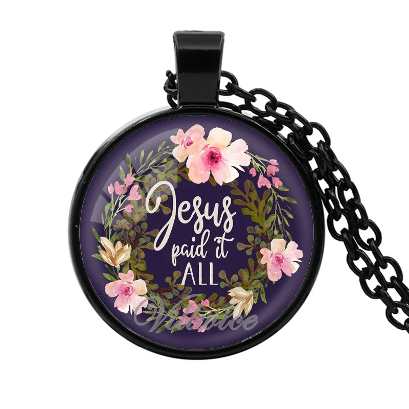 Jesus Paid It All Fashion Bible Verses Christian Necklace Glass Cabochon