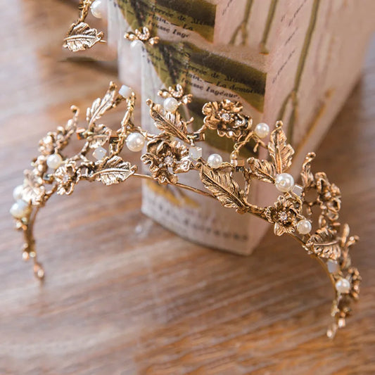 Vintage Baroque Gold Color Pearl Leaf Tiara