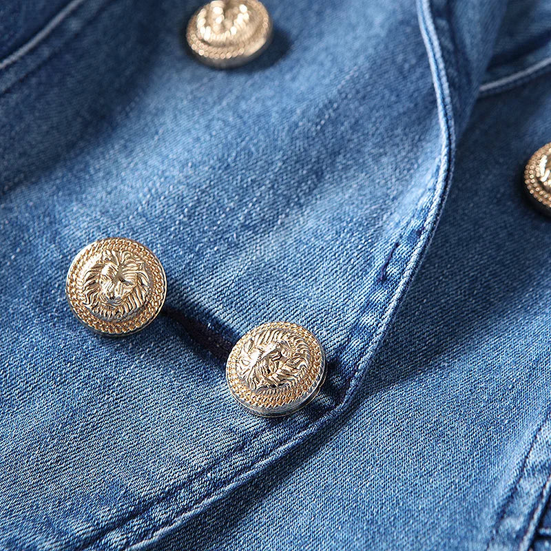 Designer Women's Double Breasted Denim Blazer Metal Lion Buttons