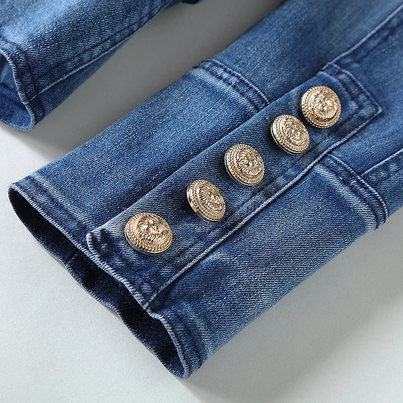 Designer Women's Double Breasted Denim Blazer Metal Lion Buttons