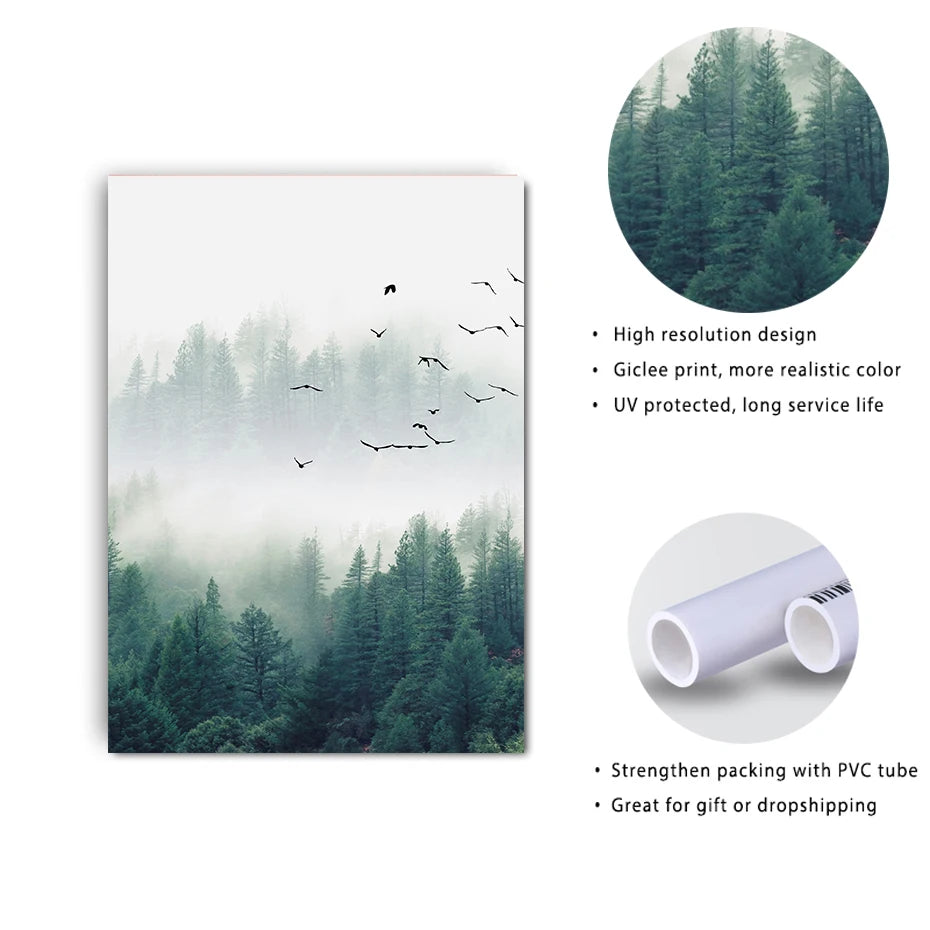 Nordic Fog Forest Birds Landscape Canvas Painting Print, 3pcs/lot