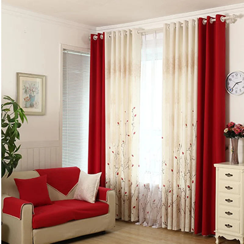 Faux Linen Curtain Modern Rustic Red Stitching