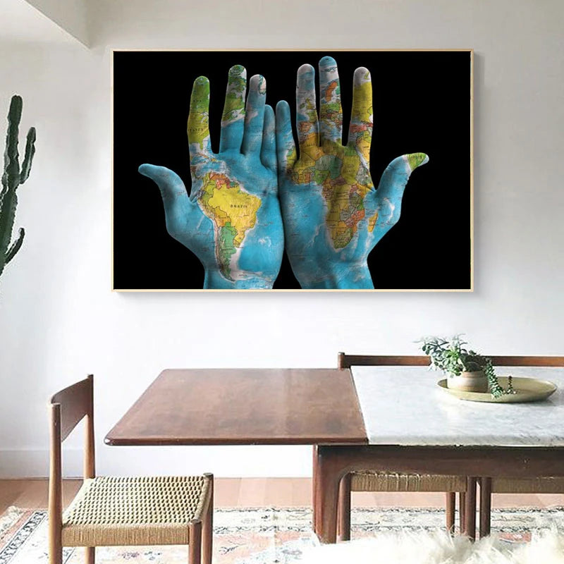 World Map on Hands Canvas Print