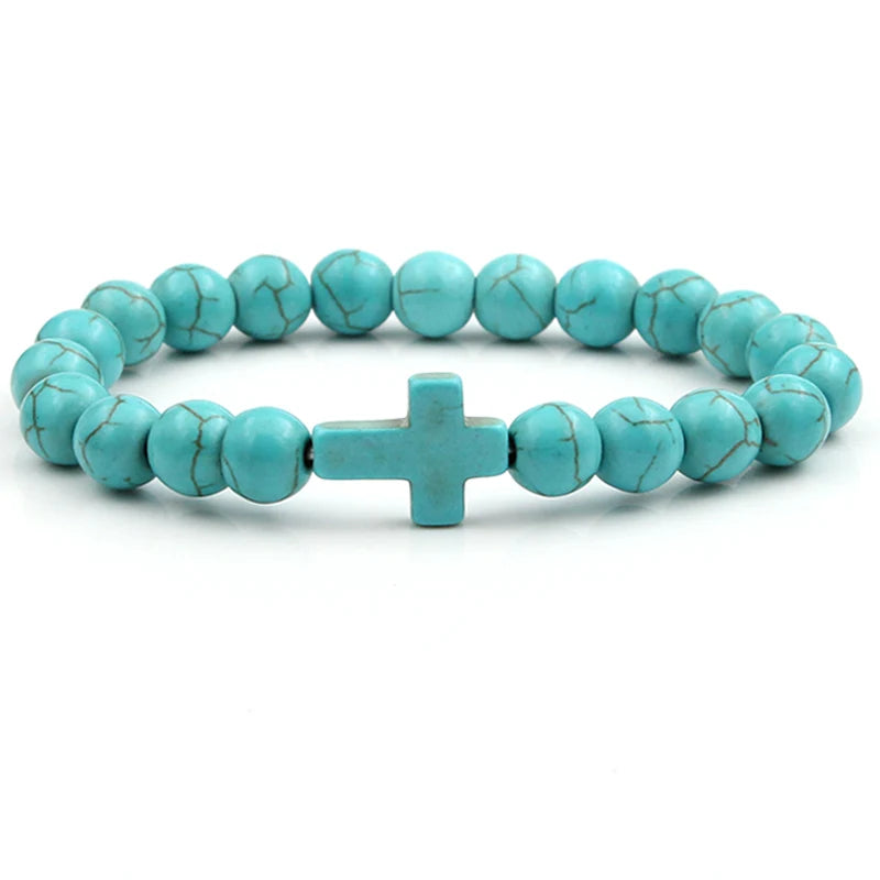 Handmade Natural Stone Cross Bracelet Christian Jewelry, 13 Colors