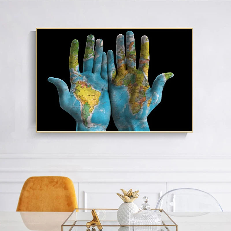 World Map on Hands Canvas Print