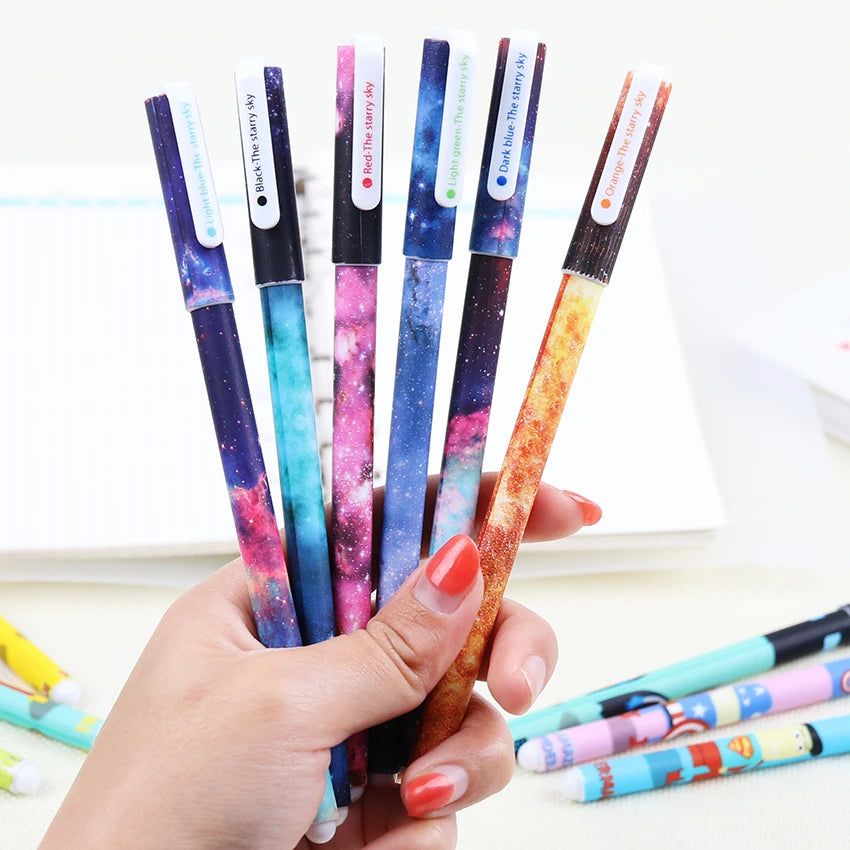 Color Gel Pen Starry Pattern Cute Kitty Hero Roller Ball Pens, 6 PCS / set